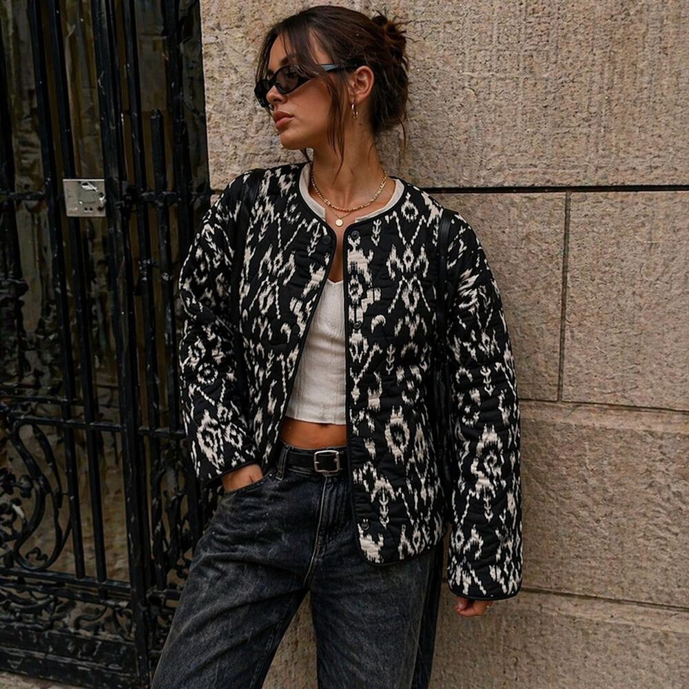 Zara Sz XS Aztec Print Quilted Light Jacket Button Front Geometric Hipster Coat